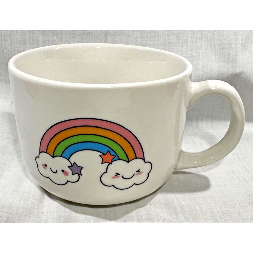 MODERN GOURMET FOODS Stoneware Jumbo Coffee Mug/Tea Cup- Rainbow & Smiley Clouds